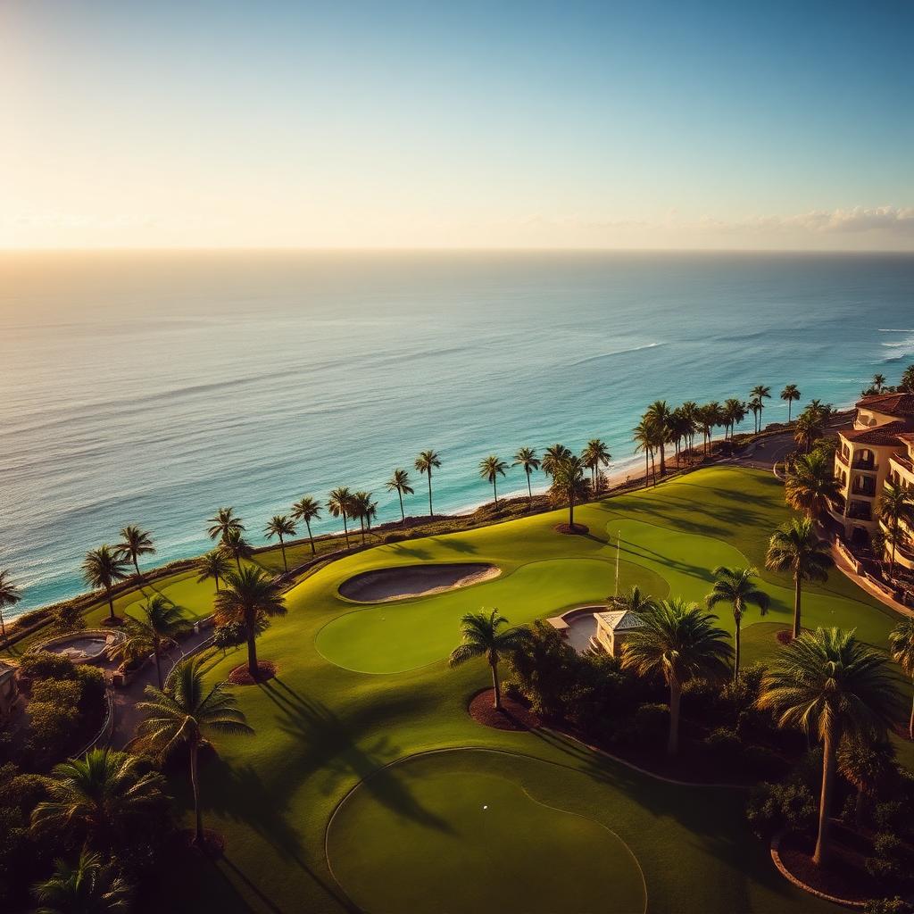 Scenic premium golf resort with palm trees and ocean view